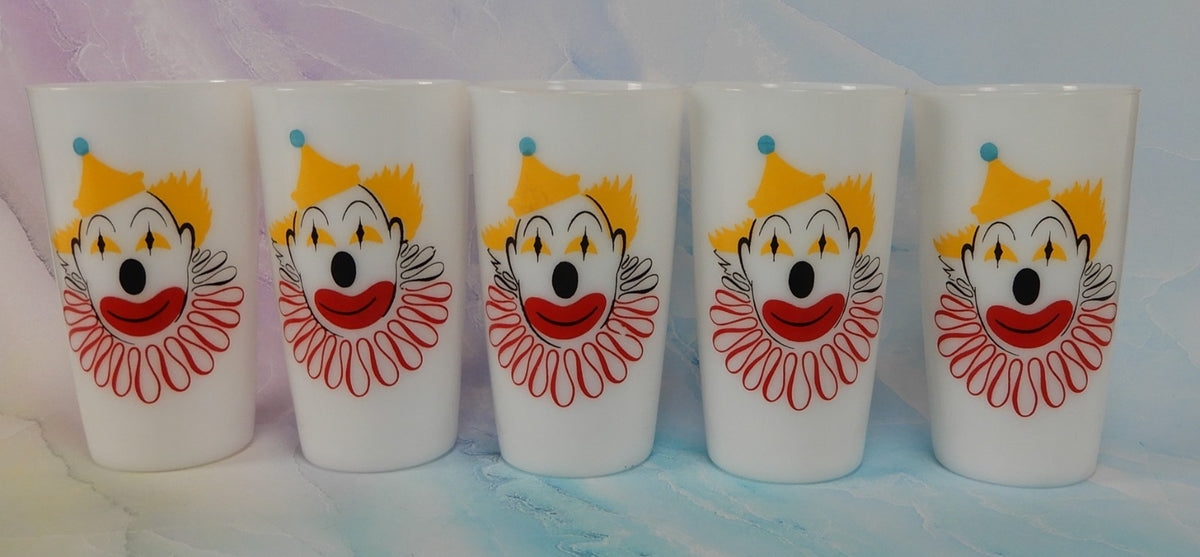 Set of 5 Hazel Atlas Milk Glass Clown Face High Ball Tumbler Glass 11 oz