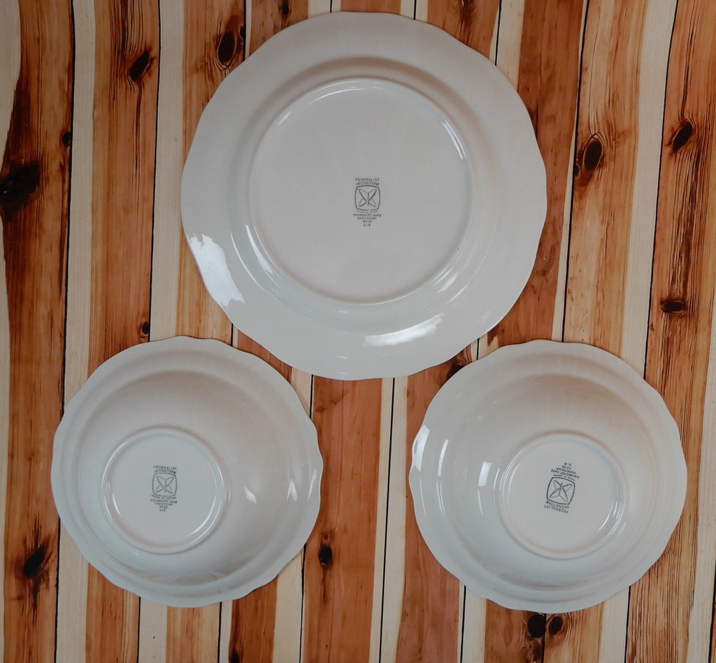 Federalist Ironstone White Made in Japan Round Cake Plates and Two Serving Bowls