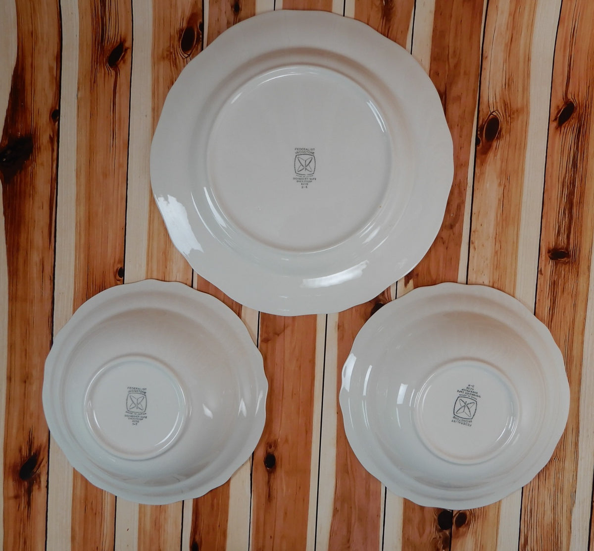 Federalist Ironstone White Made in Japan Round Cake Plates and Two Serving Bowls