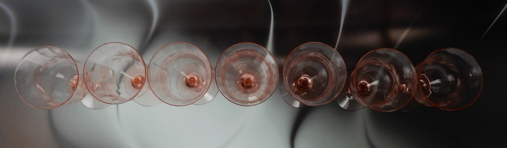 Set of 7 Pink Depression Floral Etched Stemware Wine Glasses ~10 Fluid Ounces