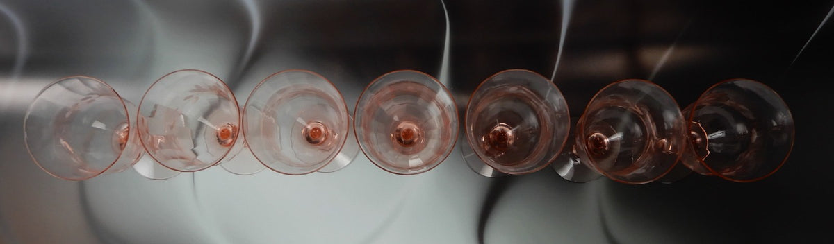 Set of 7 Pink Depression Floral Etched Stemware Wine Glasses ~10 Fluid Ounces