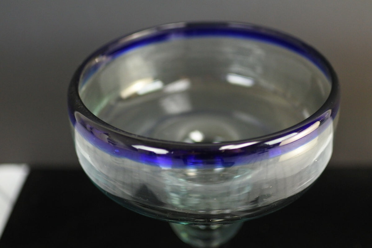 Lot Of 3 Vintage Mexican Hand Blown Cobalt Blue Rim Margarita Glasses