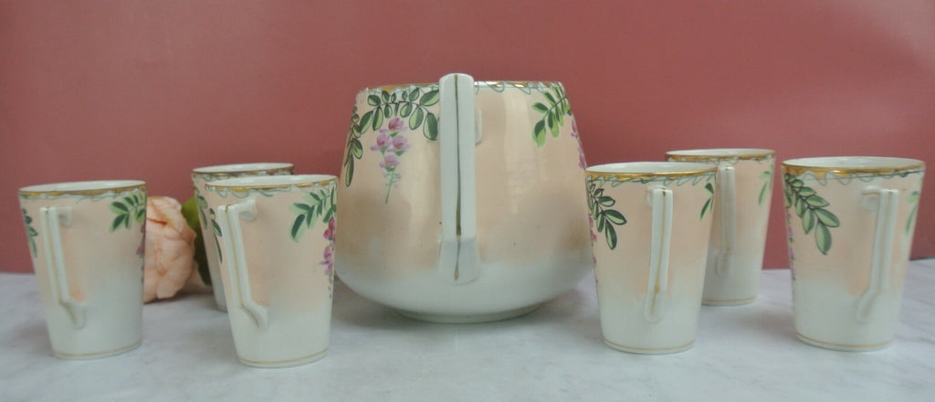 Vintage JE-OH China Lemonade/Cider Pink Floral Pitcher with 6 Cups