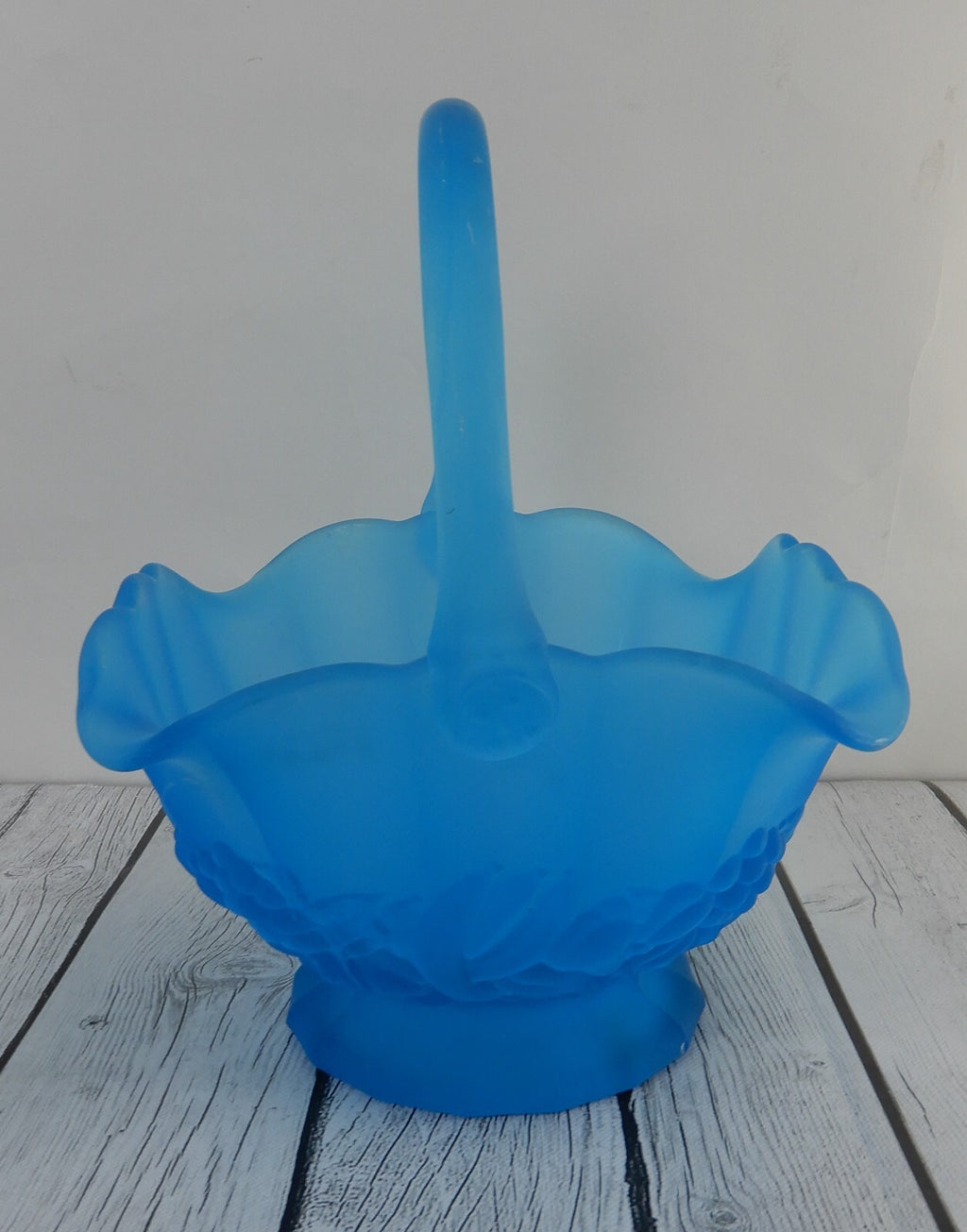Vintage Fenton Blue Satin Glass Fruit Basket with Handle, 11-1/2” x 8” x 8-1/2”