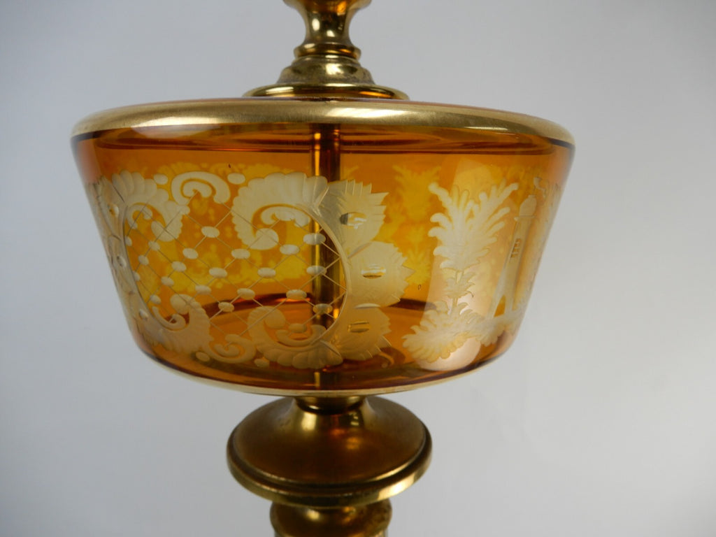 Vintage Czech Bohemian Amber Glass Etched W/ Brass Pilar Table Lamp Marble Base
