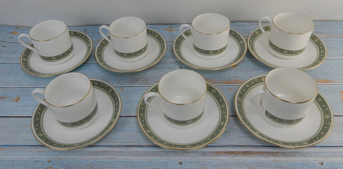Royal Doulton Rondelay Gold Green Band H5004 Set of 7 Espresso Cups and Saucers