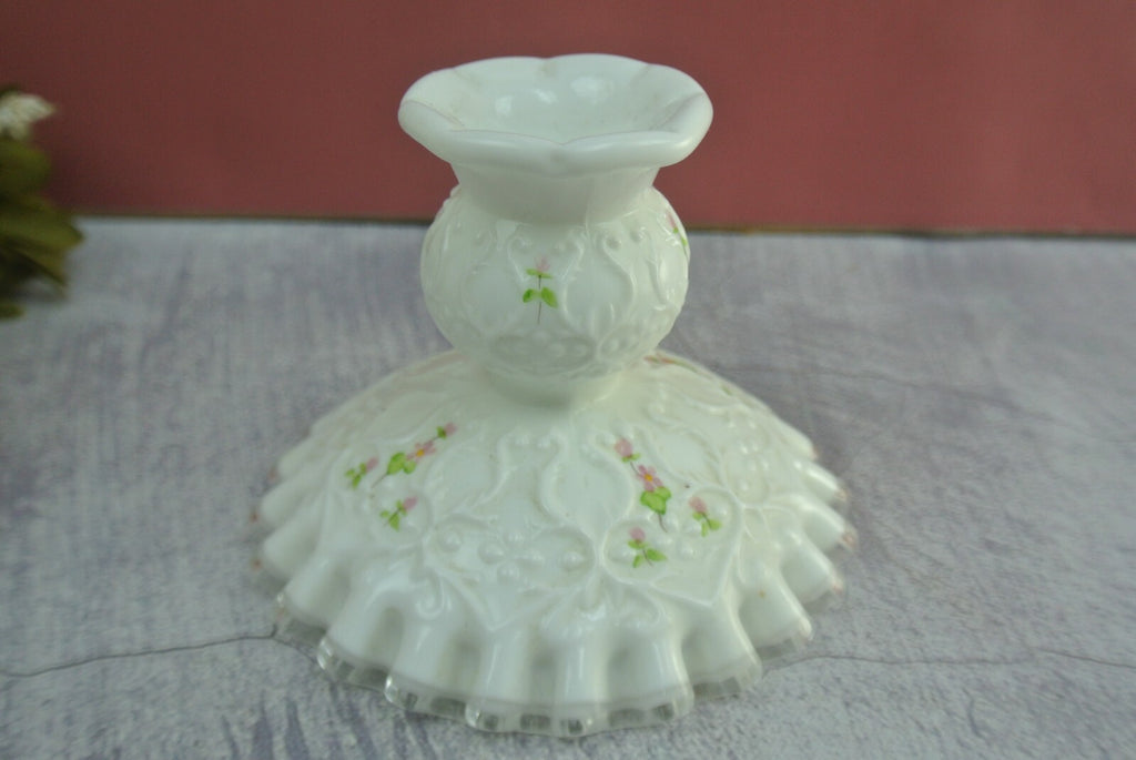 2 Fenton White Milk Glass Silver Crest Spanish Lace Candlestick Holders Signed