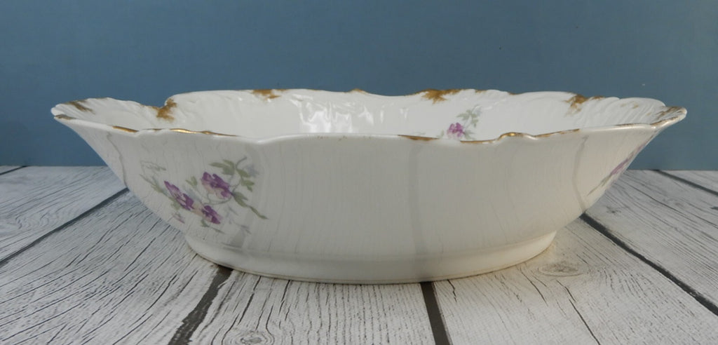 Antique  D & C Limoges France Serving Bowl Purple Scalloped Rim 10-1/4” D