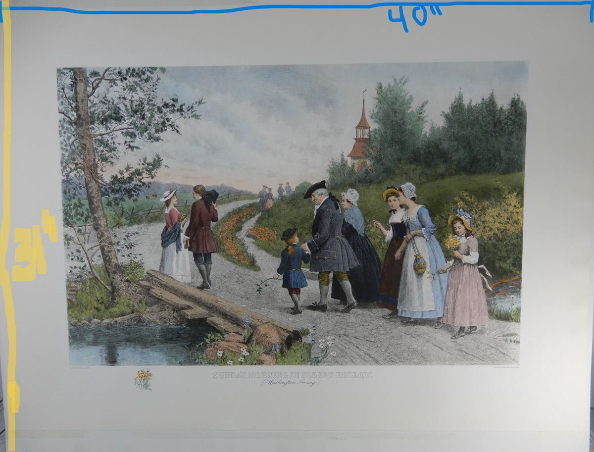 Sunday Morning in Sleepy Hollow Hand-Colored Lithograph,Sheet Unframed 39" X 28"