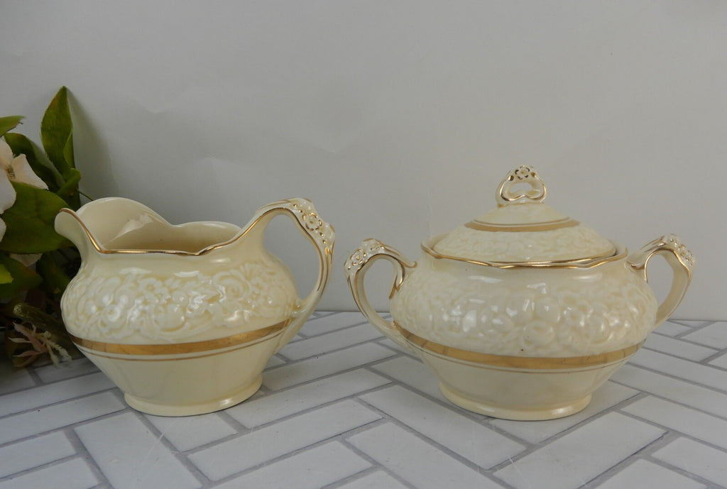 Vintage Crown Ducal Gold Gild Band Florentine Sand Cream Sugar Bowl and Creamer