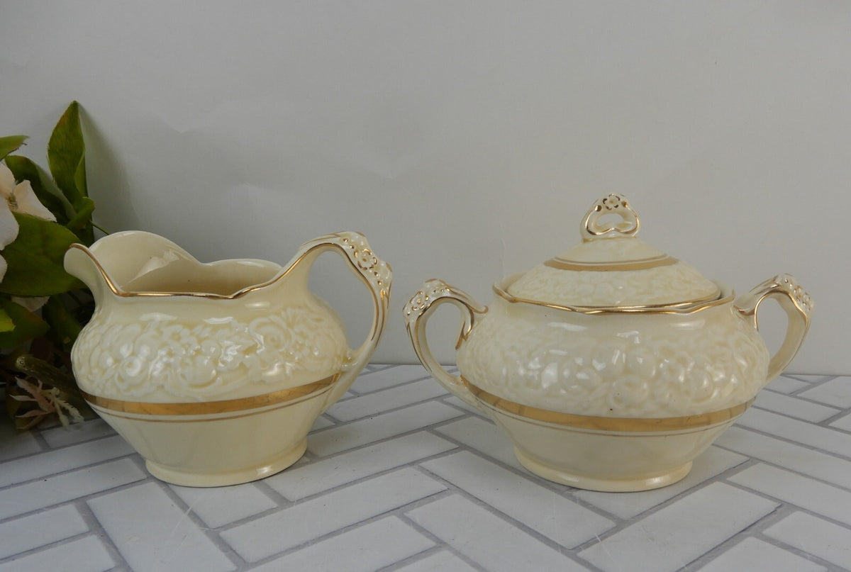 Vintage Crown Ducal Gold Gild Band Florentine Sand Cream Sugar Bowl and Creamer