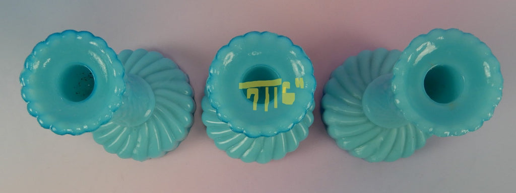 3 Small Portieux Vallerysthal Opaline Blue Milk Glass Candle Holders 3-1/2" H