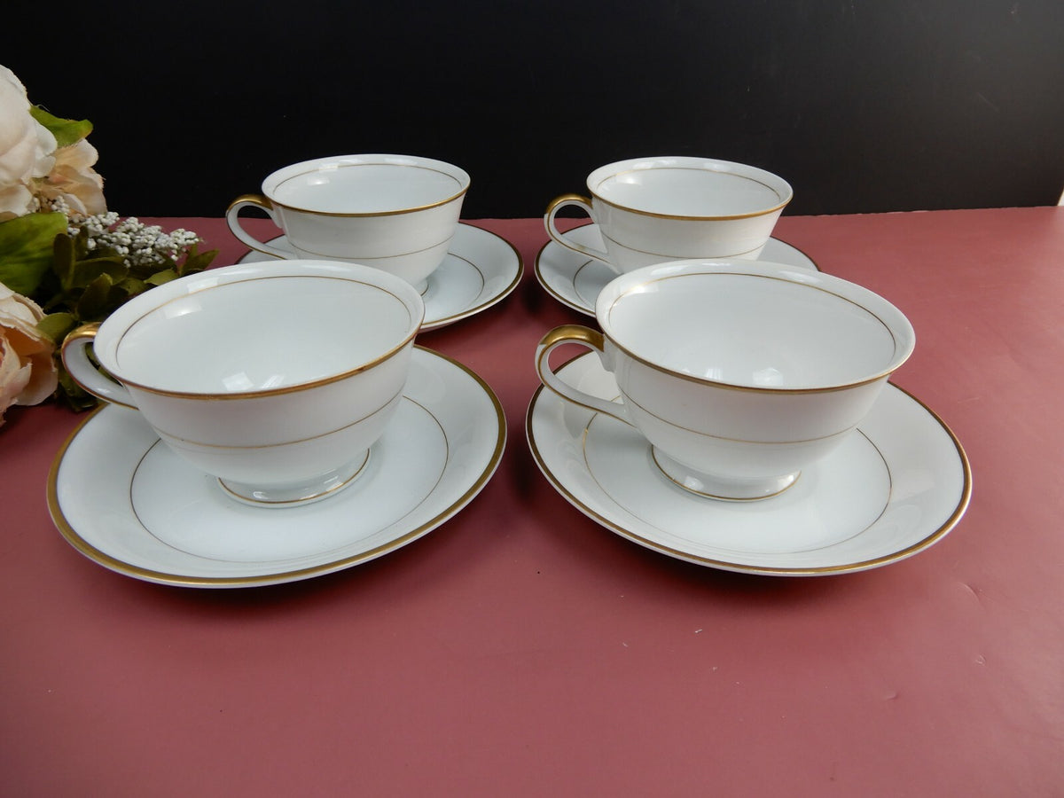 Set Of 4 Shofu China Footed Cup And Saucer W/ Gold Trim