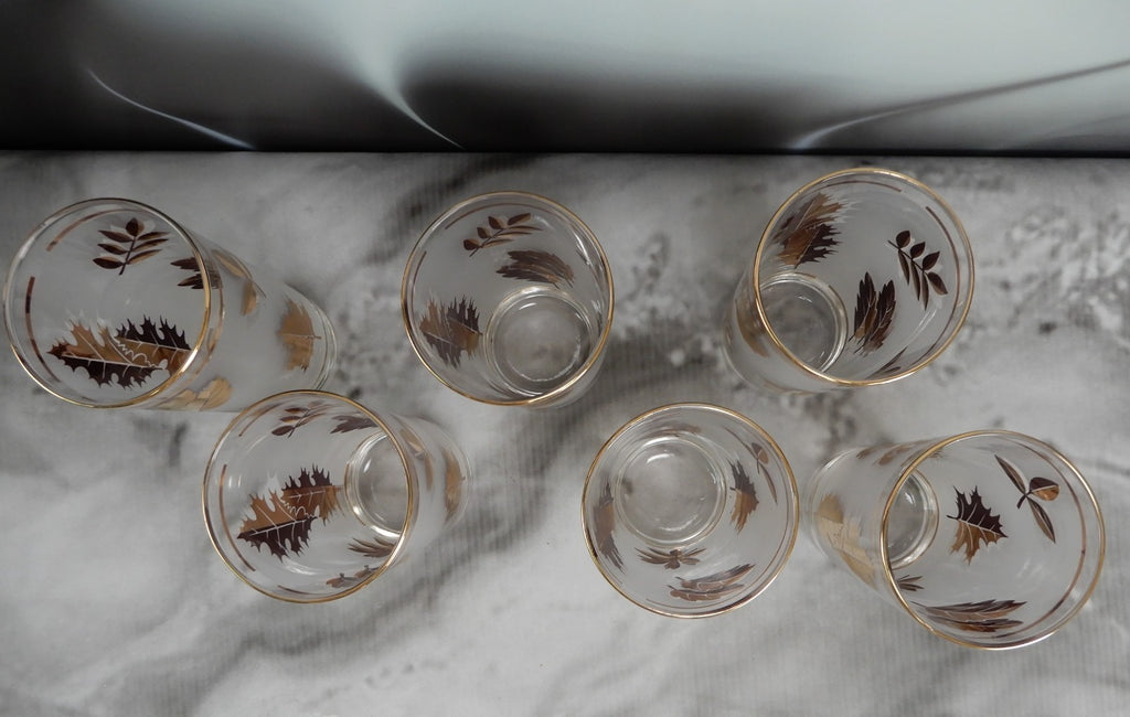 Vtg. Libbey Frosted Golden Foliage Gold Leaf Glass Highball Tumblers, Set of 6