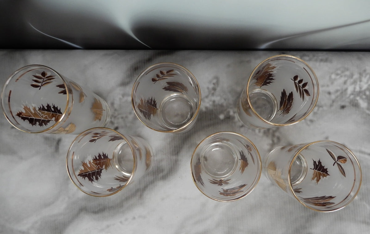 Vtg. Libbey Frosted Golden Foliage Gold Leaf Glass Highball Tumblers, Set of 6