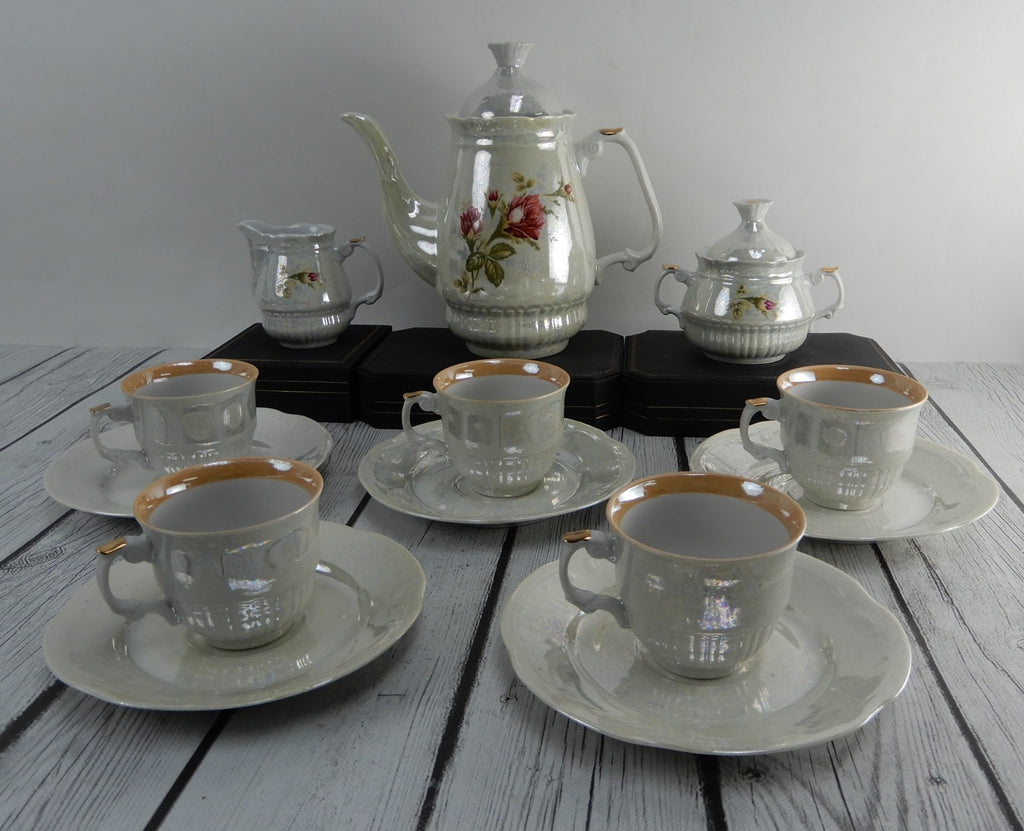 Vintage Iridescent Wloclawek Porcelain 13 Piece Tea Service Poland Set