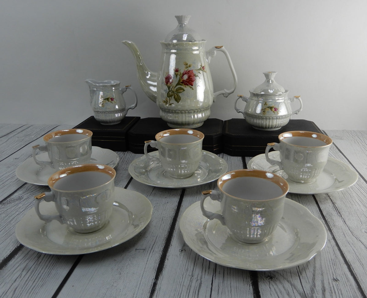 Vintage Iridescent Wloclawek Porcelain 13 Piece Tea Service Poland Set