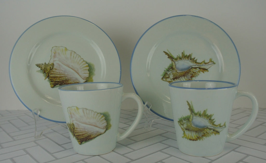 Set of 2 Sea Shell Dinnerware Two Plates, Two Mugs Made in Italy "B"