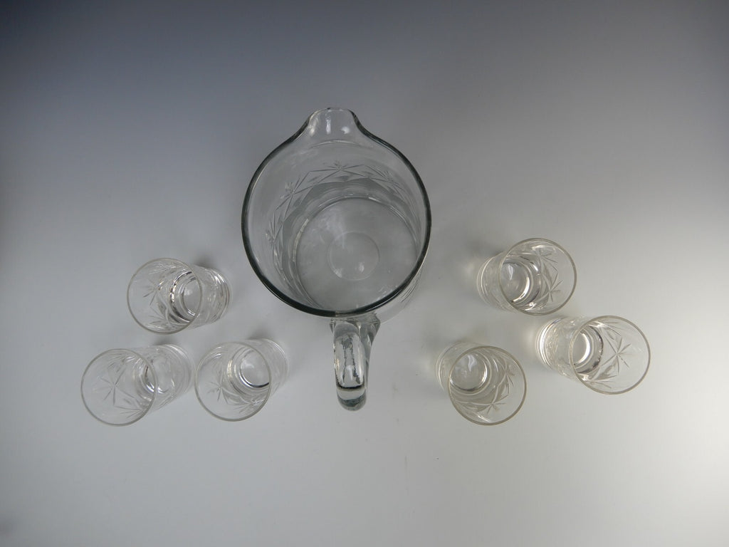 Vintage Clear Glass Set of Pitcher and 6 Juice Glasses