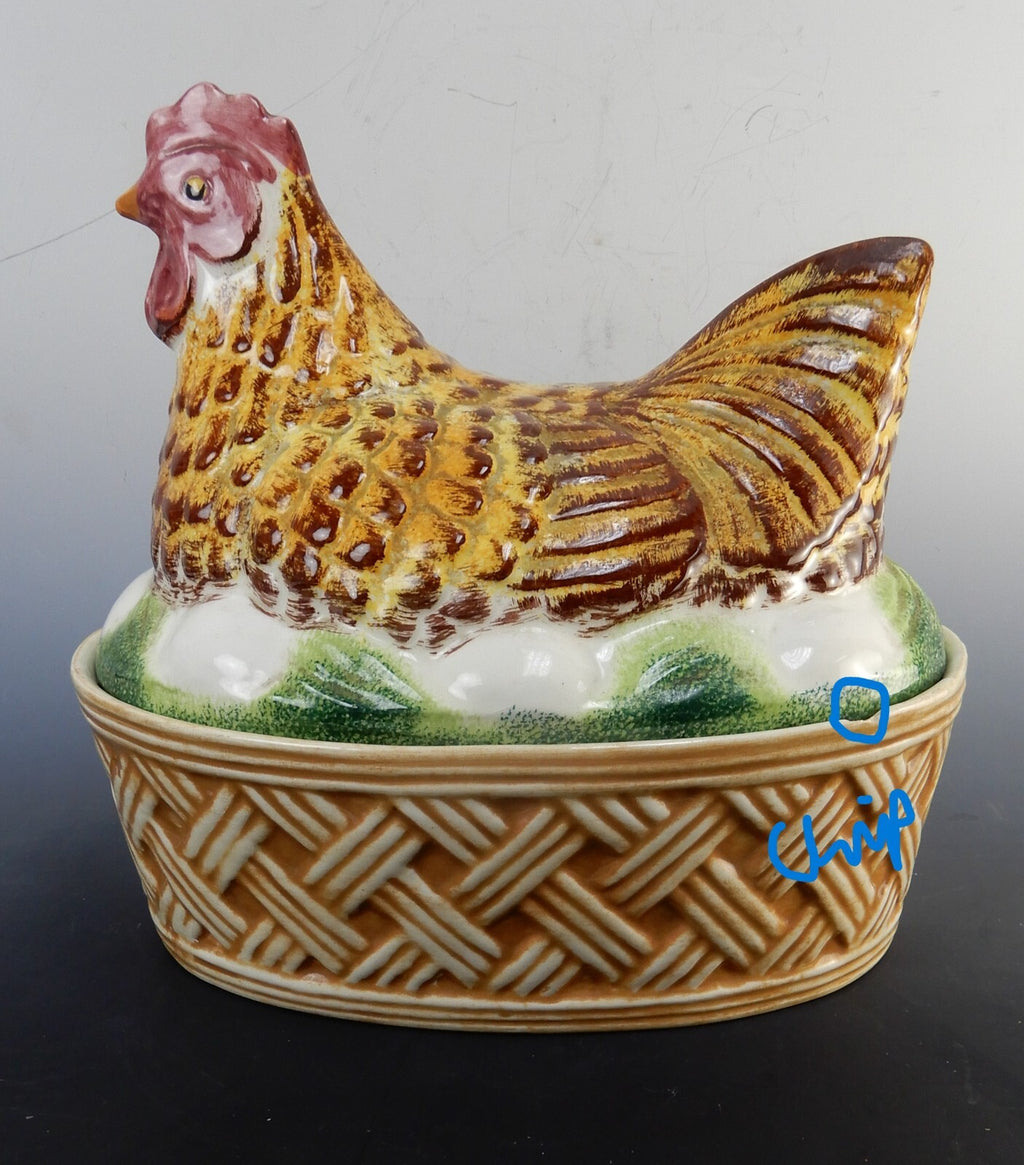 Ceramic Hen Laying Nest with Eggs From Los Angeles Pottery CA W/ CHIP~ 11-1/4" W