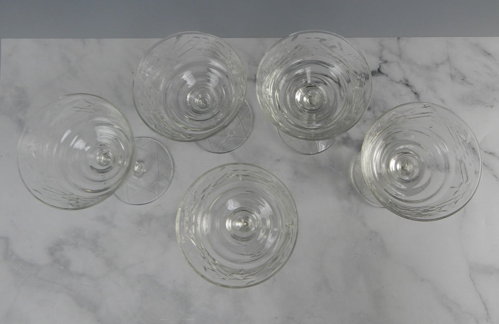 Set of 5 Pcs Pcs Libbey Rock Sharpe Etched Glass Arctic Rose Champage Glasses 6"