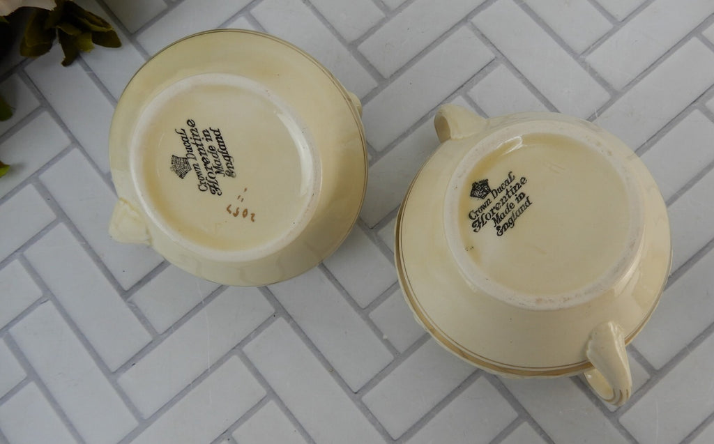 Vintage Crown Ducal Gold Gild Band Florentine Sand Cream Sugar Bowl and Creamer