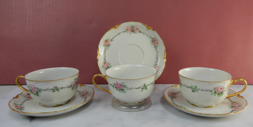 Set of 3 Hutschenreuther Selb Bavaria Cups and Saucers with  Pink Roses