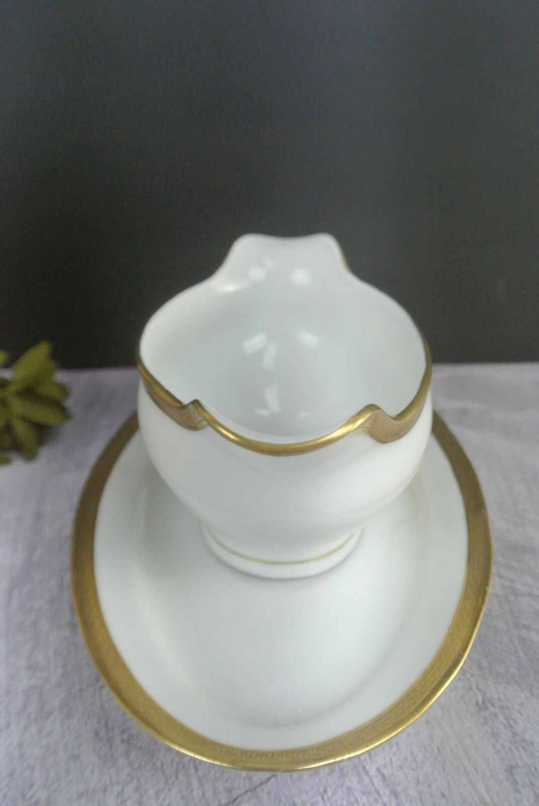 Vintage O&EG Royal Austria Greek Key Gold Trim Gravy Boat W/ Underplate