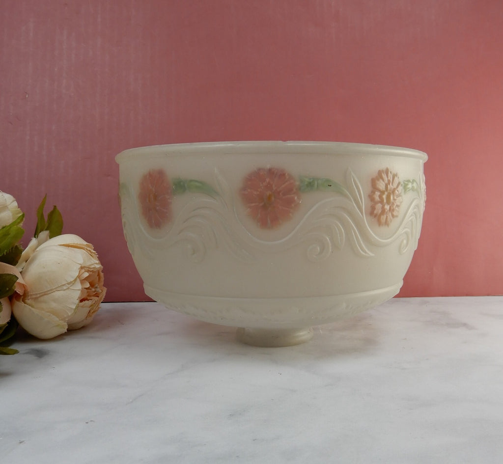 Vintage Frosted Glass Lamp Shade Reverse Painted Pink Flowers 4-7/8" Tall