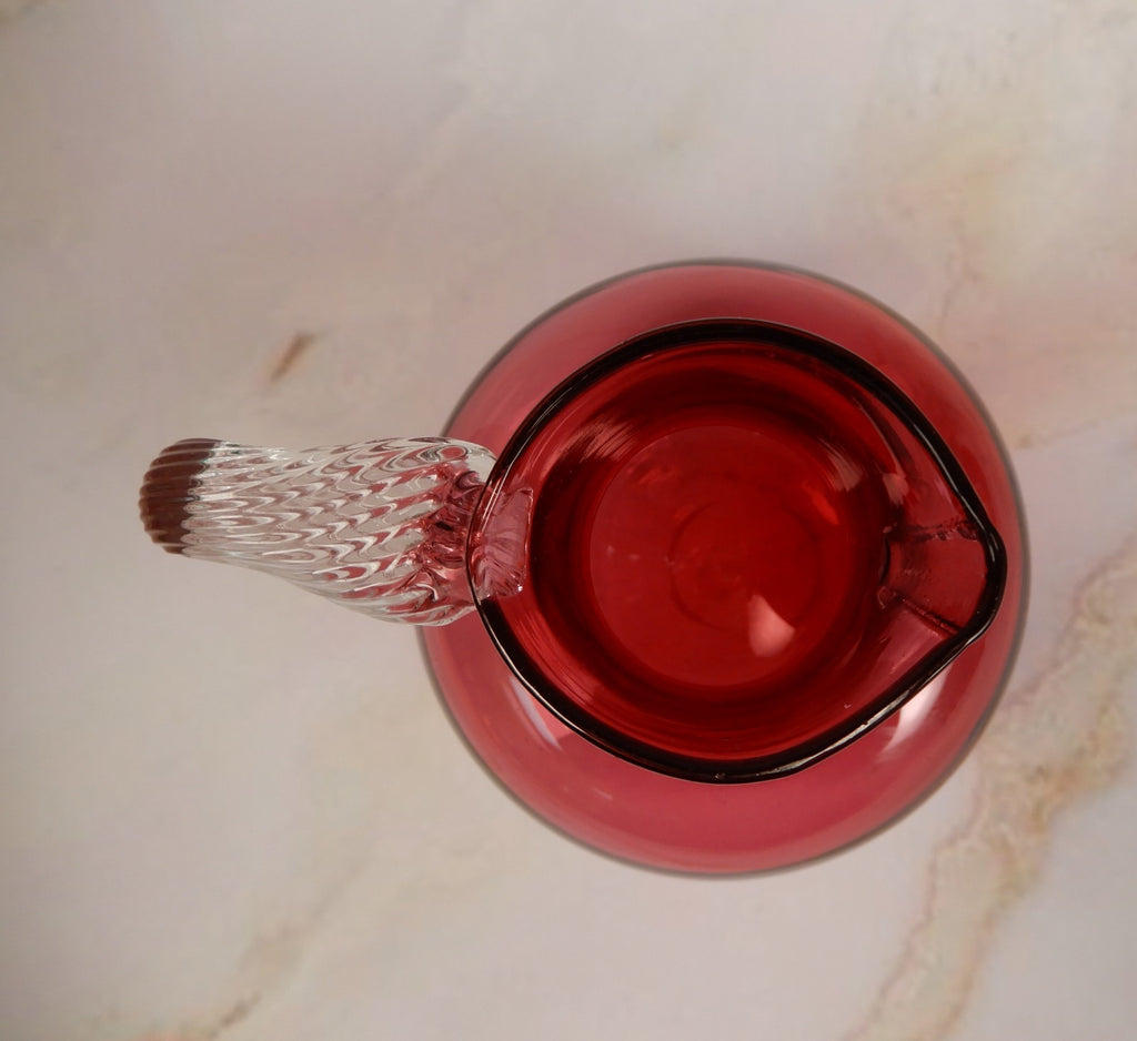 Victorian Twist Rope Blown Glass Handle Cranberry Glass Pitcher Jug