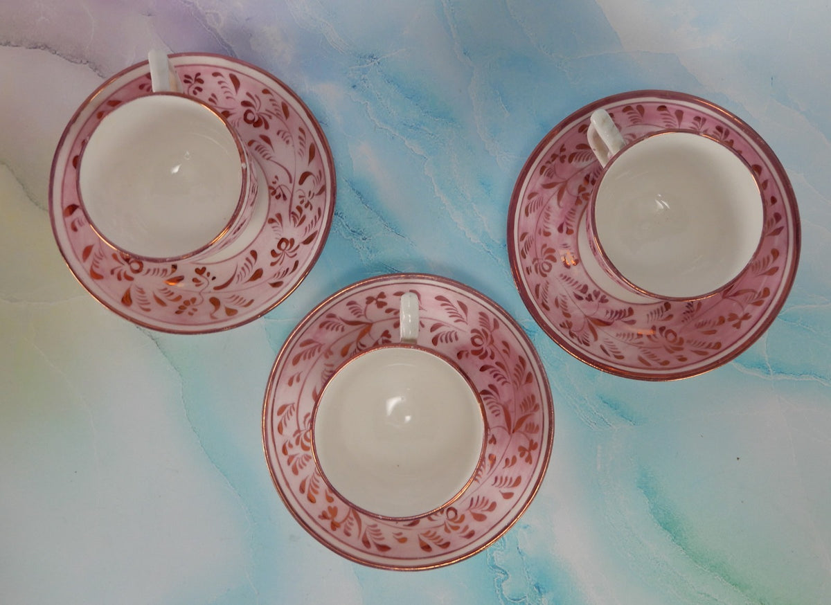 Set of 3~1800s Staffordshire Pink Luster Cups and Saucers: Sunderland Lusterware