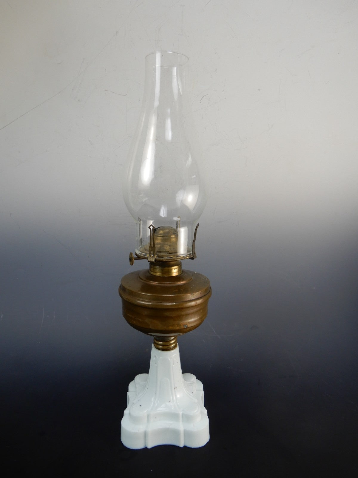 MFG Co No. 1 Queen Ann Burner White Milk Glass Base Oil Lamp