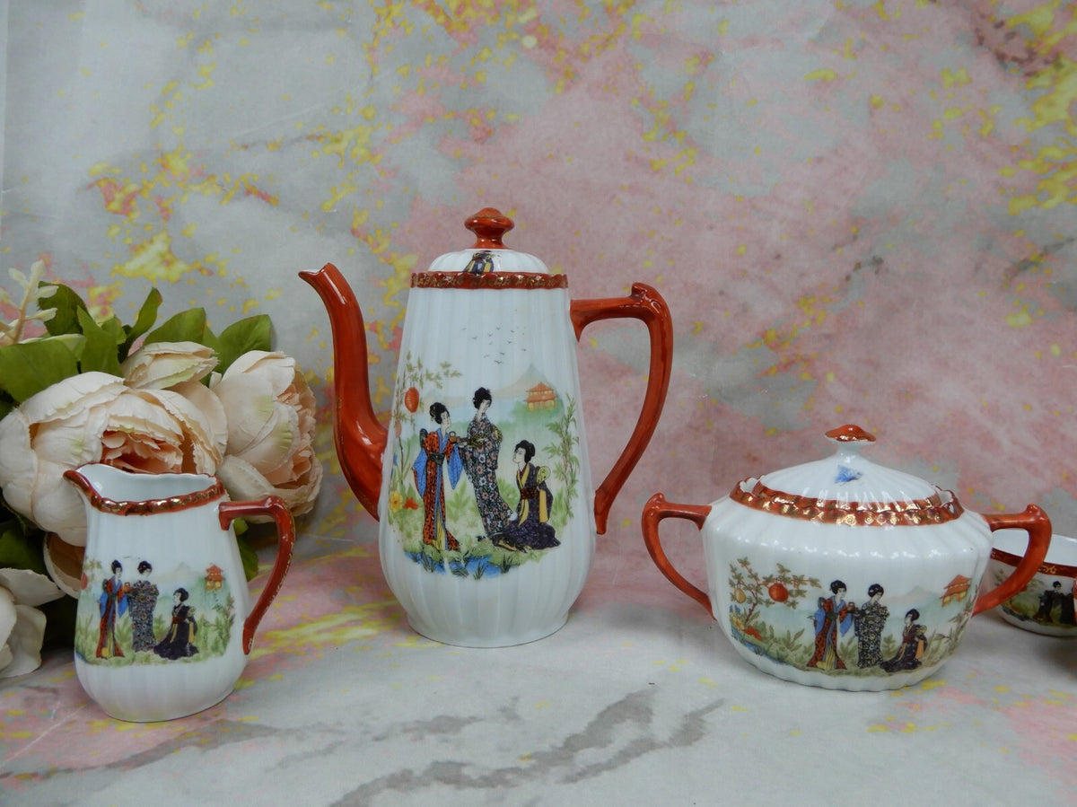 Vintage Children's Pot,Sugar Bowl,Creamer,5 Cups and Saucers w/ Geishas Red Mark