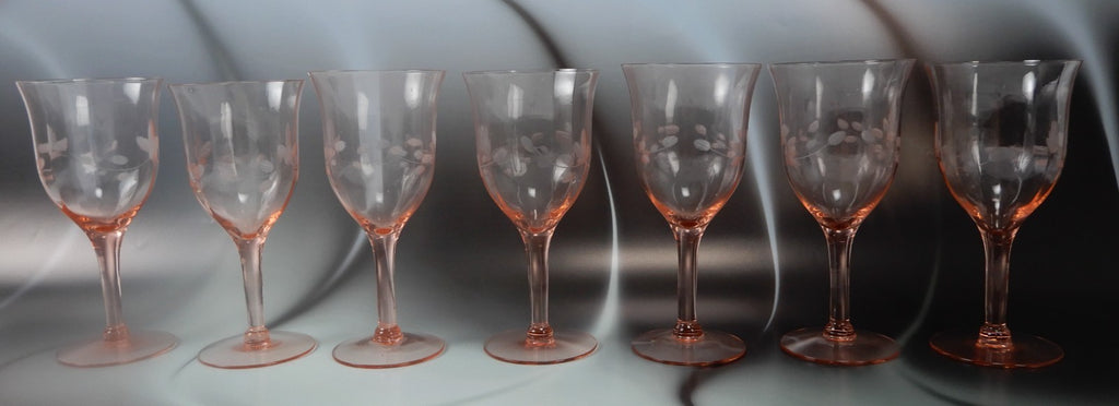 Set of 7 Pink Depression Floral Etched Stemware Wine Glasses ~10 Fluid Ounces