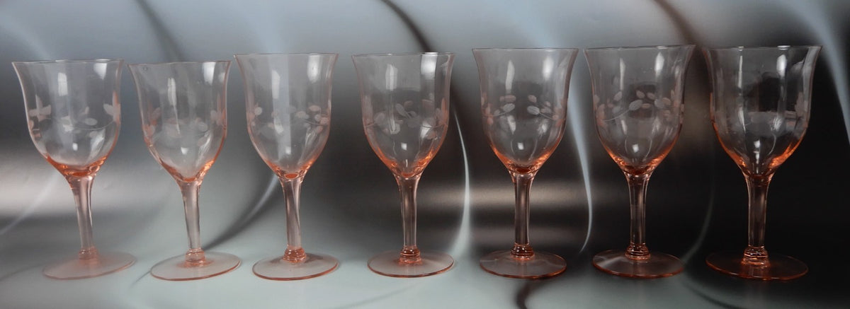 Set of 7 Pink Depression Floral Etched Stemware Wine Glasses ~10 Fluid Ounces