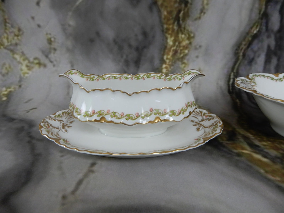 Antique Haviland Limoges "Clover Leaf " Oval Vegetable Bowl and Gravy Boat