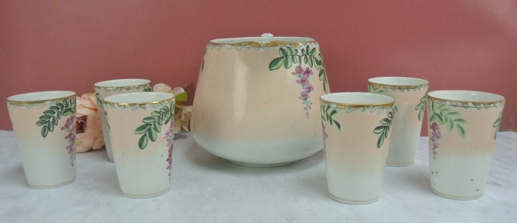 Vintage JE-OH China Lemonade/Cider Pink Floral Pitcher with 6 Cups