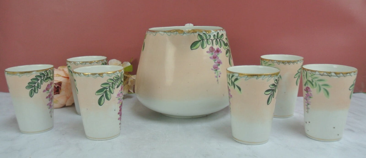 Vintage JE-OH China Lemonade/Cider Pink Floral Pitcher with 6 Cups