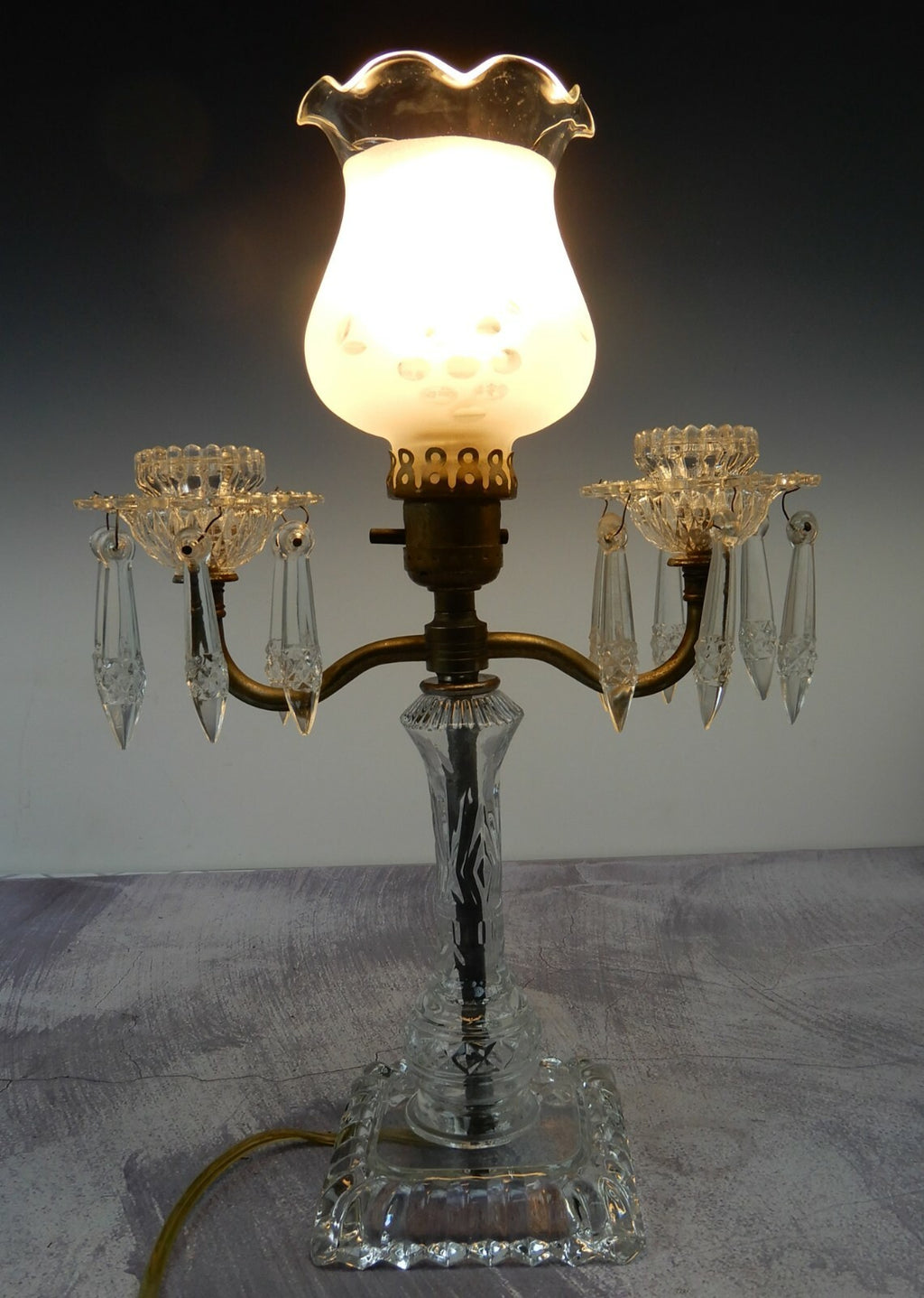 Vintage Two Arm Candle Holder Electric Table Lamp With Hanging Crystals B