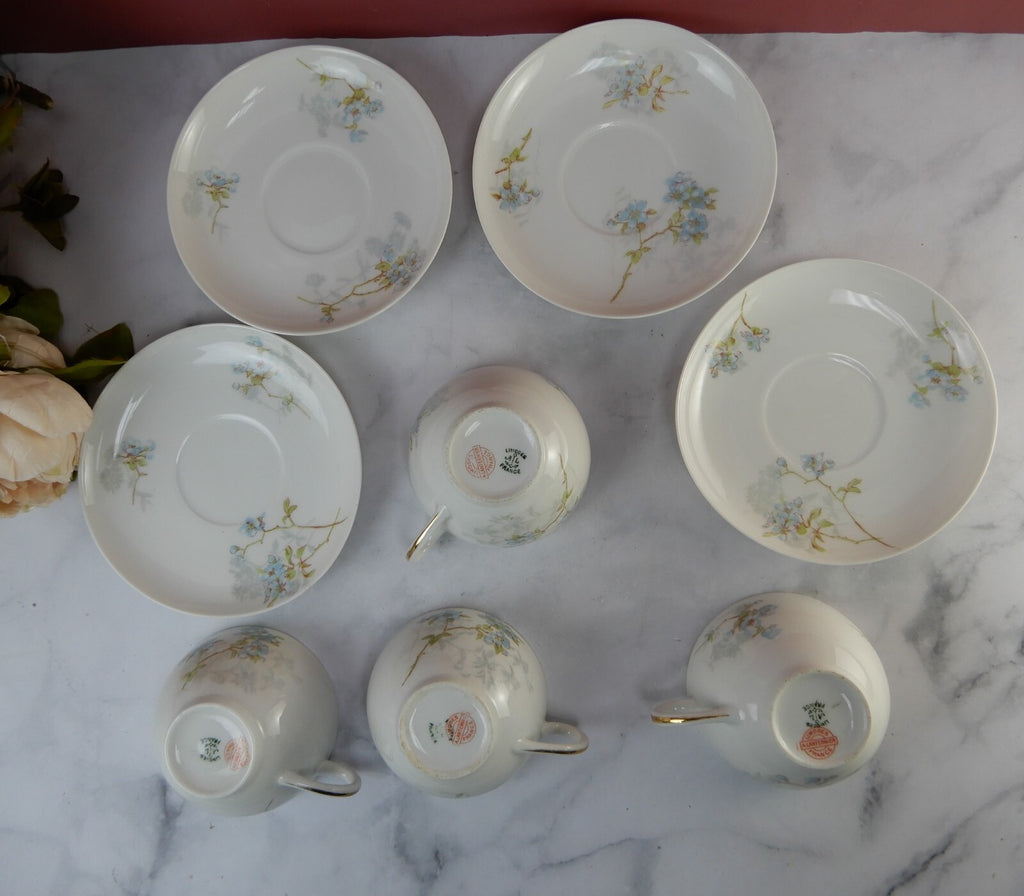 Antique Limoges A. Lanternier France Porcelain Blue Floral 4 Cups and Saucers