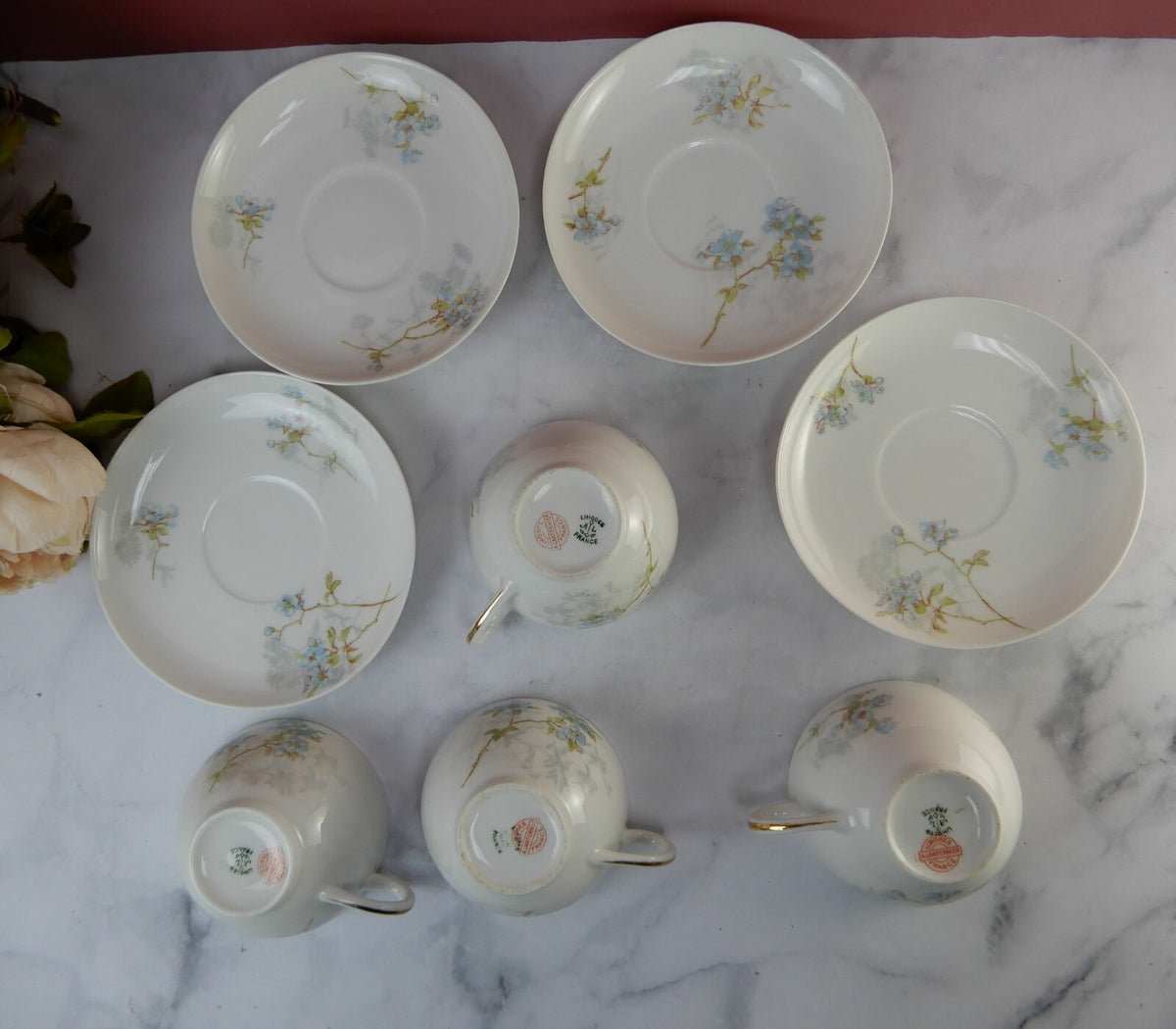 Antique Limoges A. Lanternier France Porcelain Blue Floral 4 Cups and Saucers