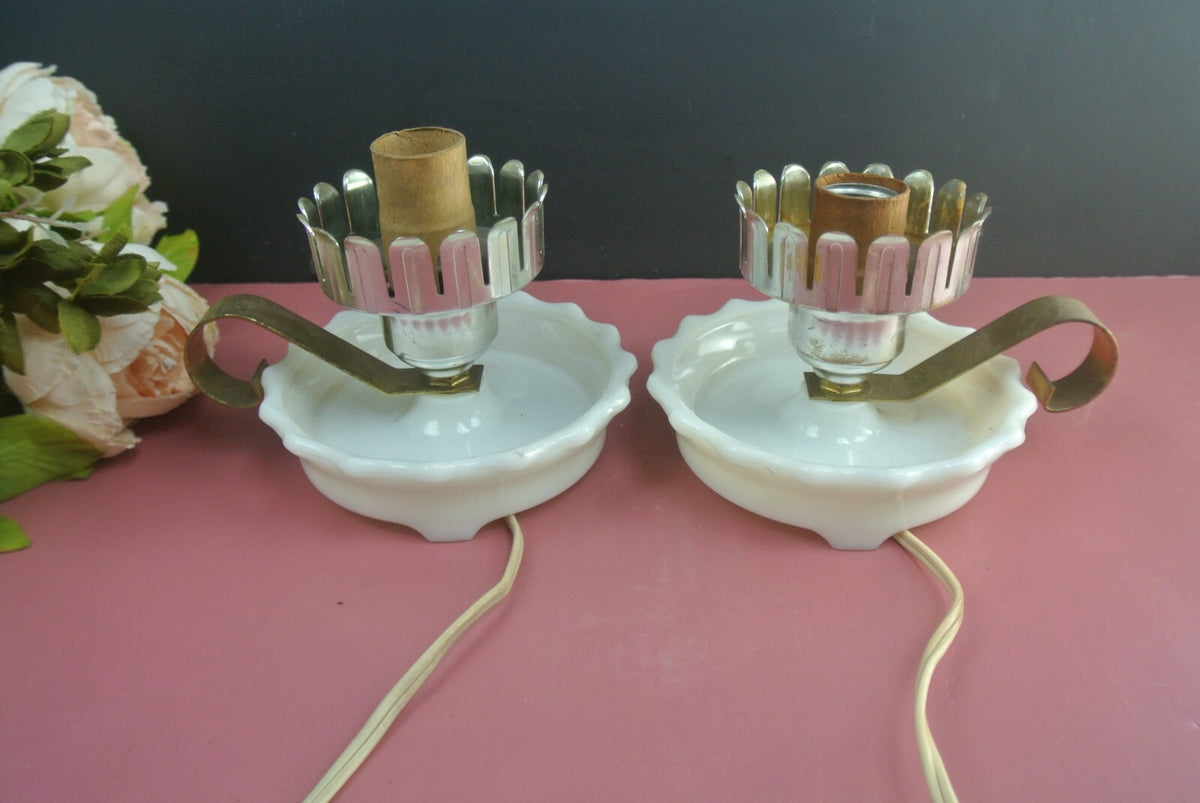 Pair Of Two Milk Glass Candlestick Holder Style Table Lamps