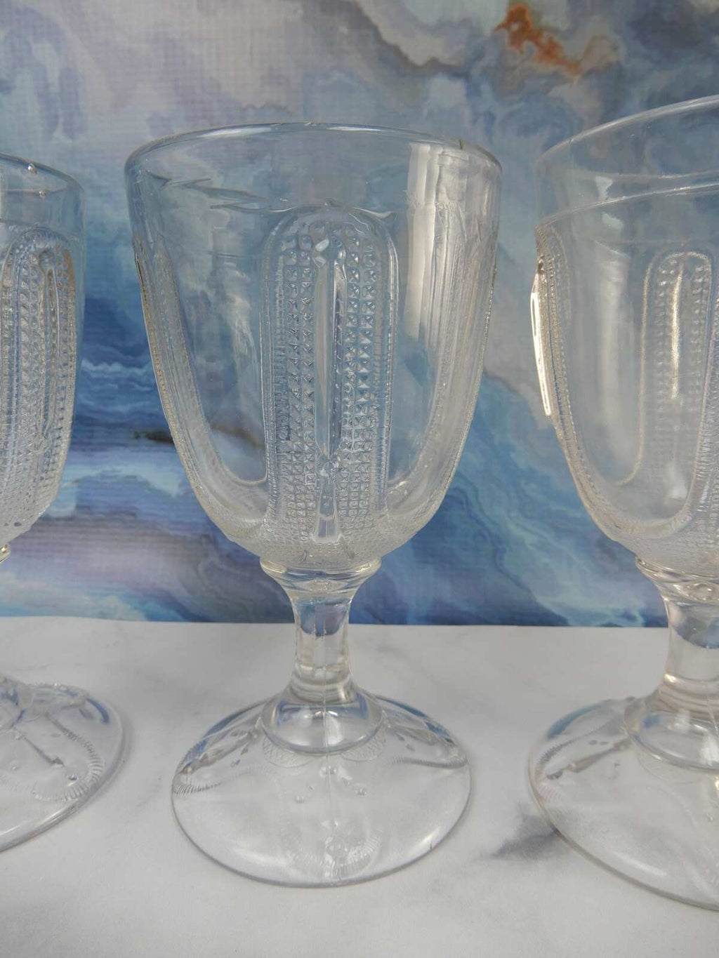 4 Curtain Tie Back Water Goblet Tumblers Early American Pattern Glass Adams & Co