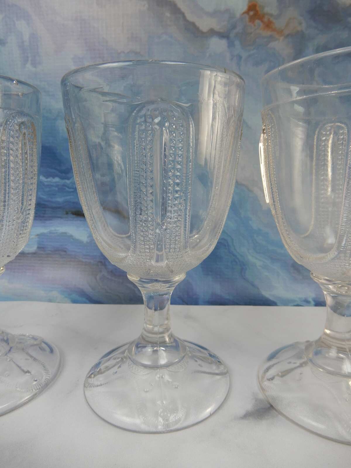 4 Curtain Tie Back Water Goblet Tumblers Early American Pattern Glass Adams & Co