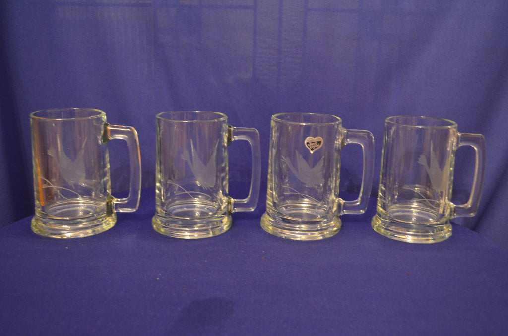 4 Piece Set Javit Hand Cut Crystal Mug's With A Picture Of A Satin Goose 5-1/4"