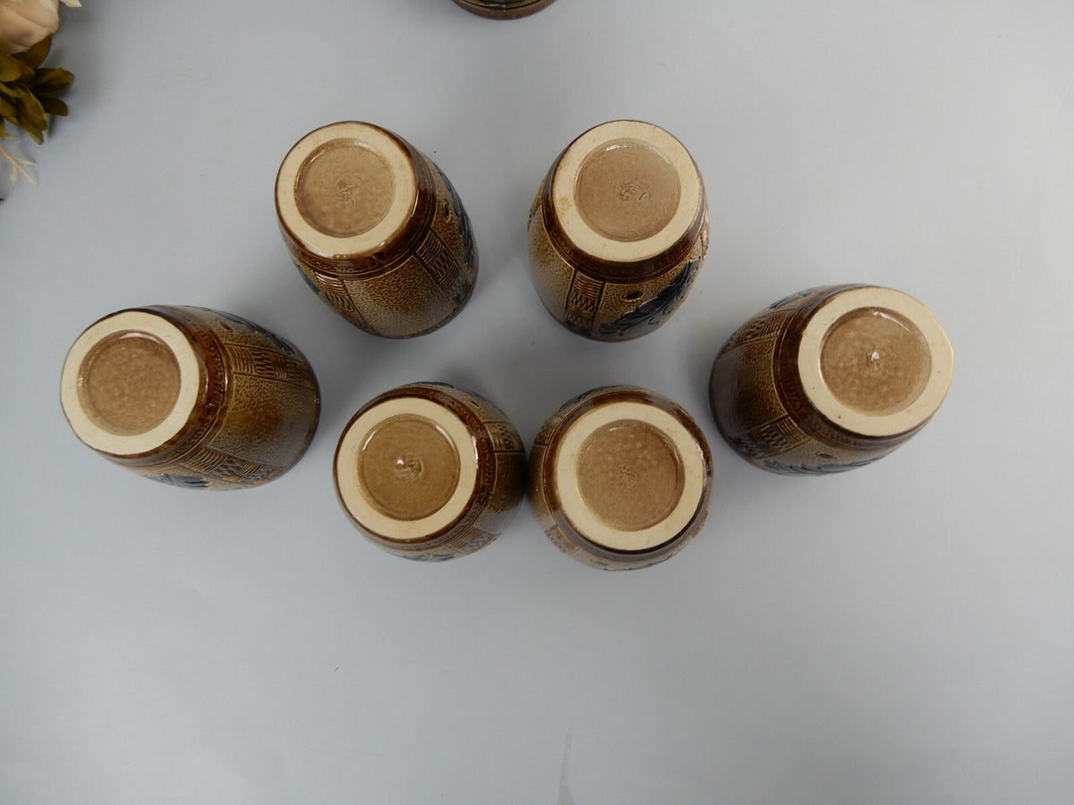 Vintage Marzi Remy German Stoneware Brown Blue Salt Glaze Wine /Jug W/ 6 Cups