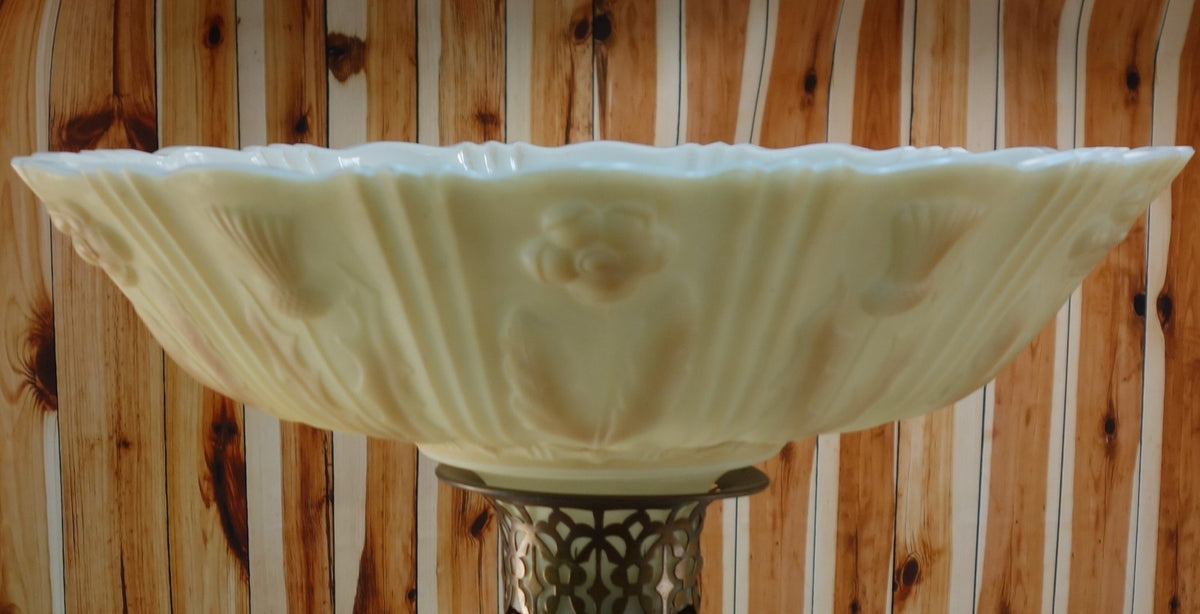 Heavy Torchiere Opaque White & Caramel Shade Embossed Art Deco for Floor Lamp