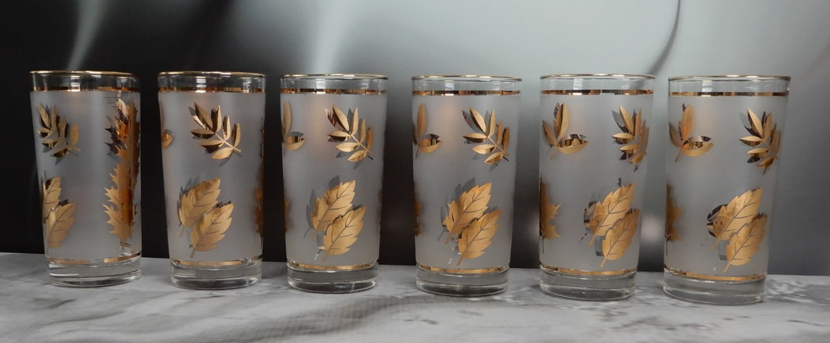 Vtg. Libbey Frosted Golden Foliage Gold Leaf Glass Highball Tumblers, Set of 6