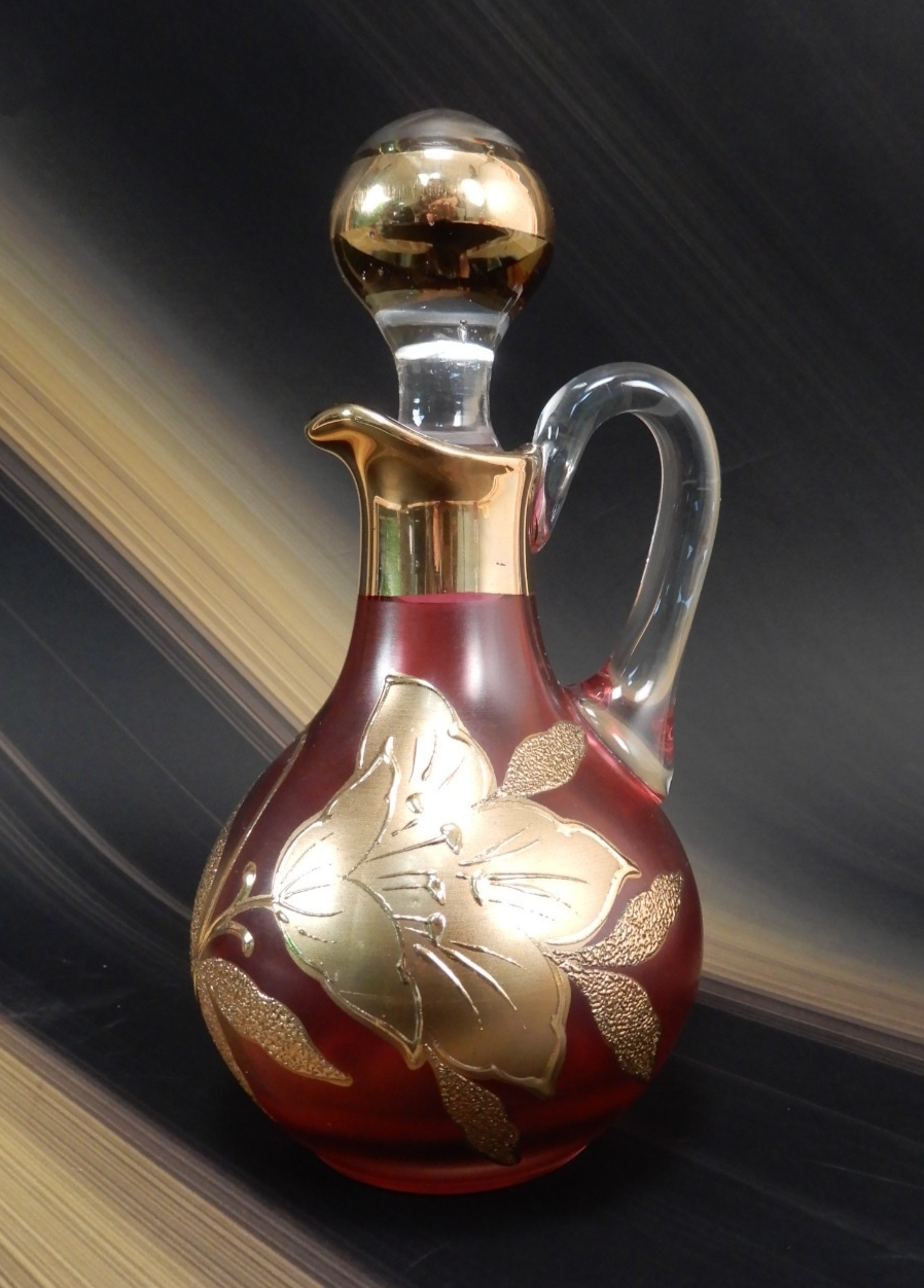 Vintage Bohemian Ruby  Red Glass Gold incustred Poppy Flowers Cruet with Stopper