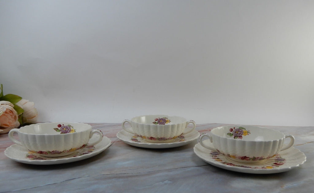 Vtg Copeland Spode "Rose Briar" Set of 3 Cream Soups and Saucers Made In England